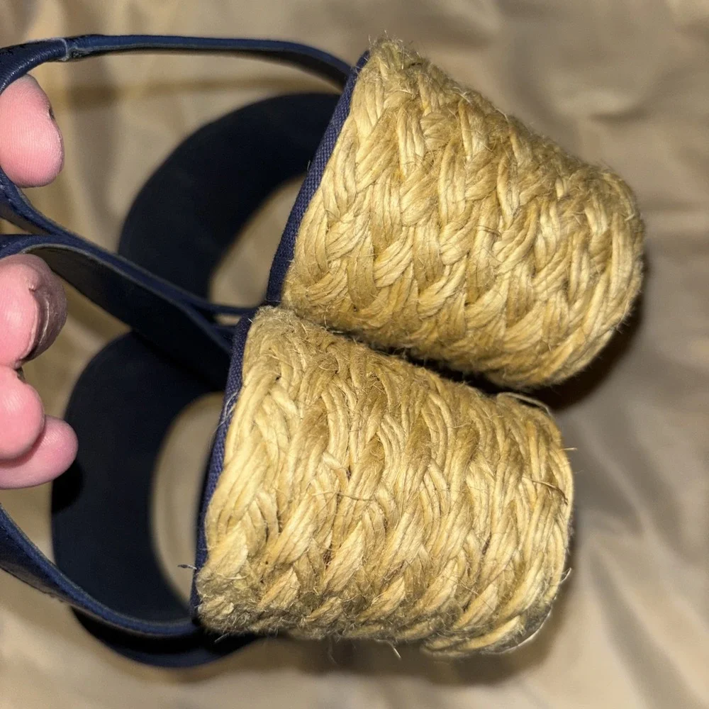 LRL Ralph Lauren 10 B Carminda Navy Blue Wedge Sandals Espadrille Jute Slingback